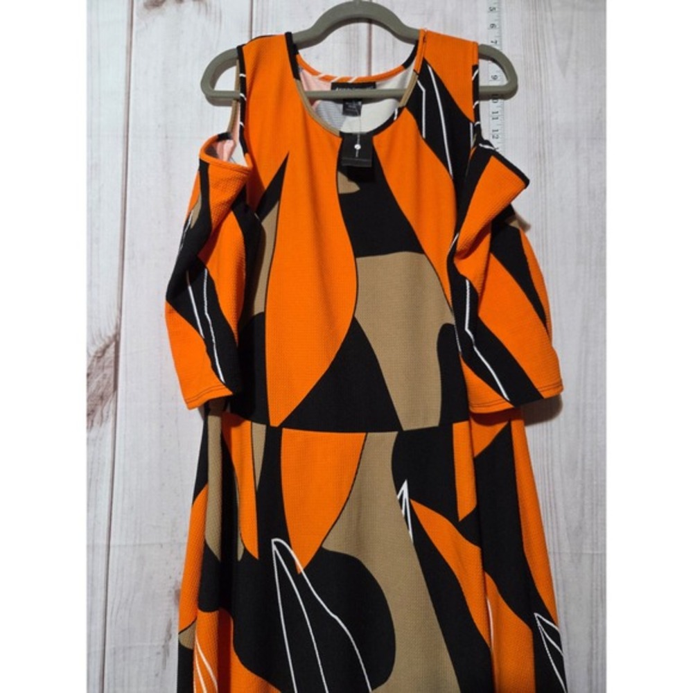 Ashley Stewart Orange Black Abstract Leaf Print Cold Shoulder‎ Maxi Dress 18/20 - Picture 4 of 7